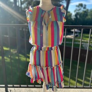 Women's Adrienne Pink and Yellow Sundress Sleeveless Crew Neck
